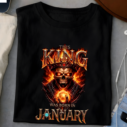 Personalized birth month king skeleton shirt with a flaming royal crown design