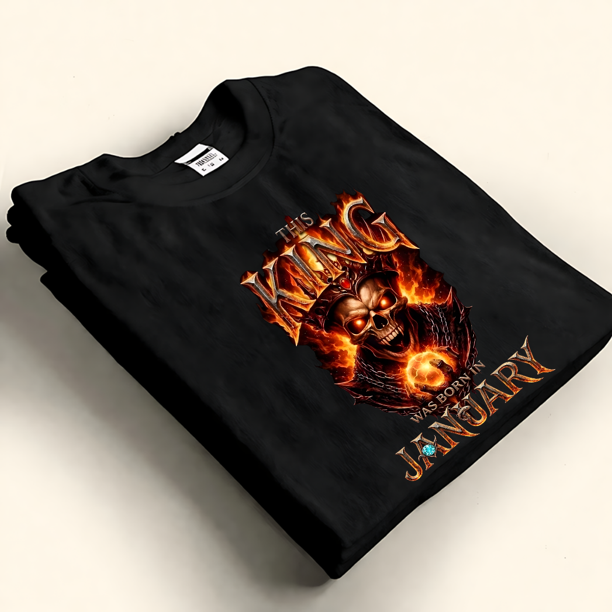 Personalized birth month king skeleton shirt with a flaming royal crown design