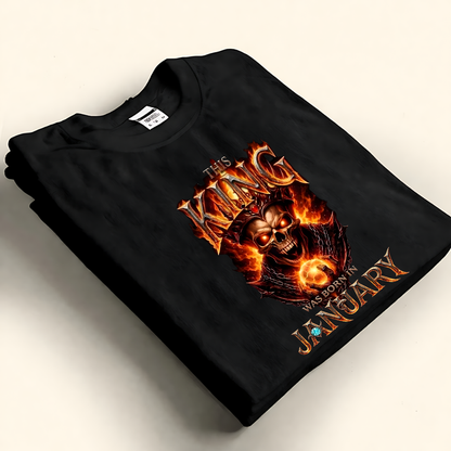 Personalized birth month king skeleton shirt with a flaming royal crown design