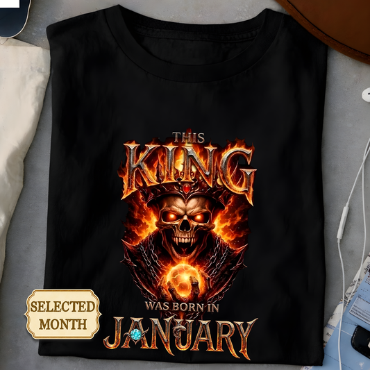 Personalized birth month king skeleton shirt with a flaming royal crown design