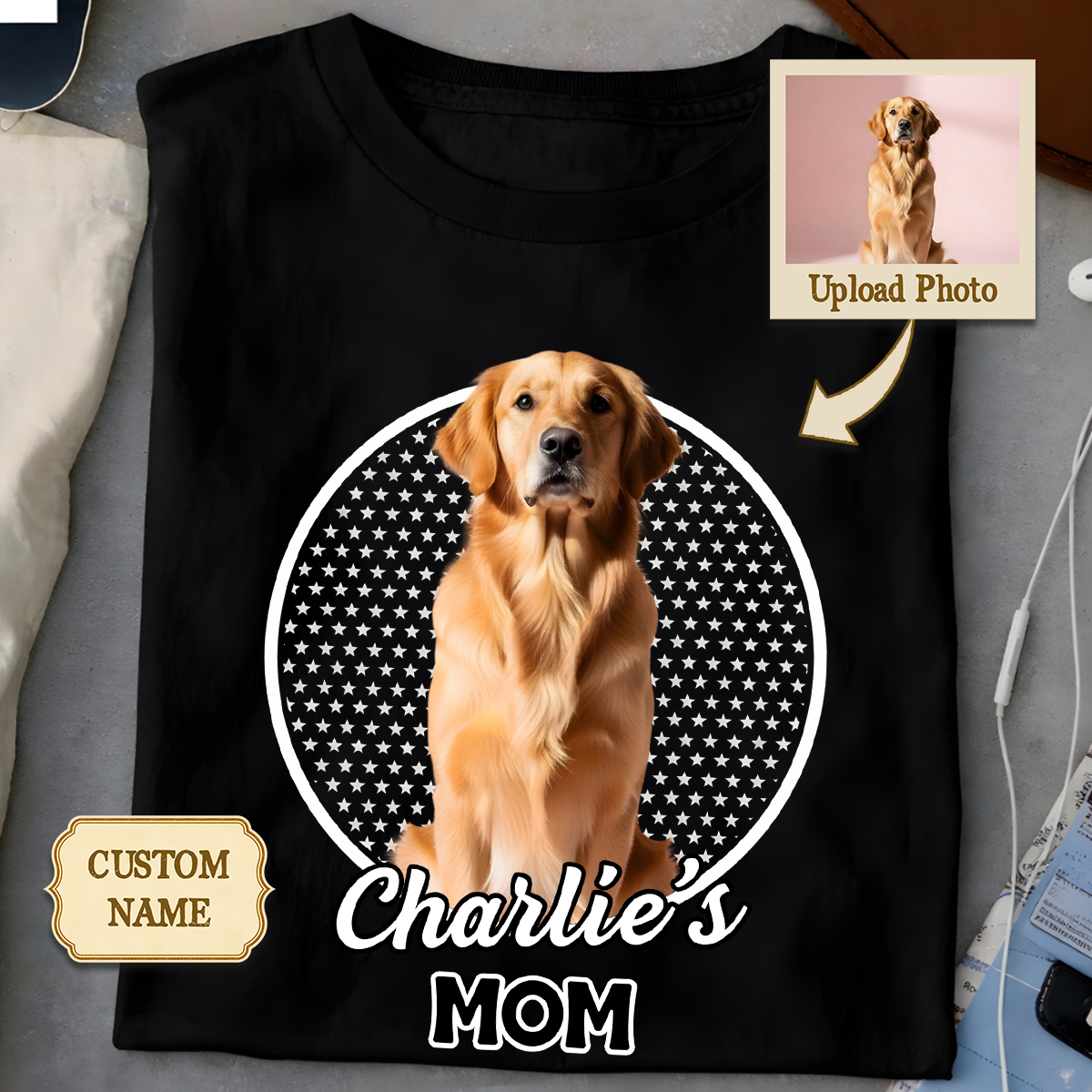 Custom pet photo and name shirt, personalized gift for dog and cat lovers.