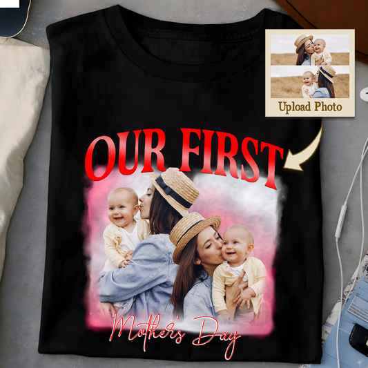 Personalized our first Mother's Day bootleg shirt with your custom family photo