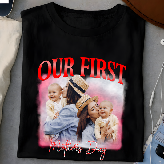 Personalized our first Mother's Day bootleg shirt with your custom family photo
