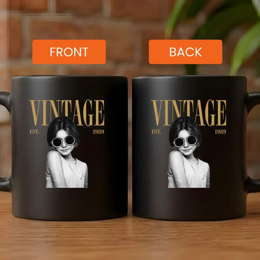 Custom vintage black mug with personalized photo and established year for a unique gift