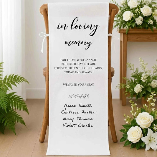 Personalized in loving memory wedding chair banner with custom names and text