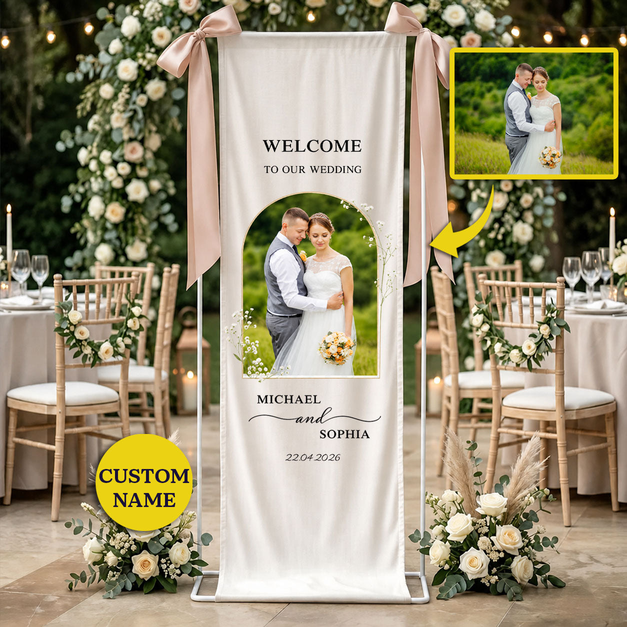 Personalized Linen Wedding Welcome Sign, Custom Photo Banner, Beach Entrance