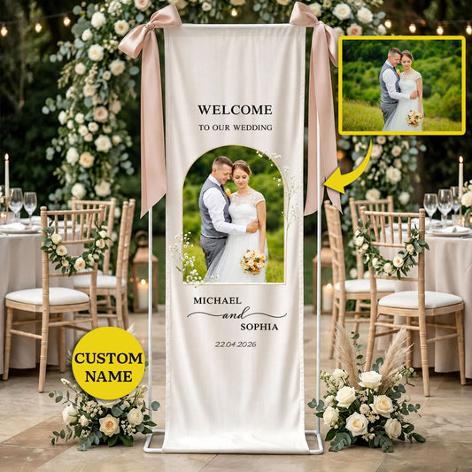 Personalized Linen Wedding Welcome Sign, Custom Photo Banner, Beach Entrance