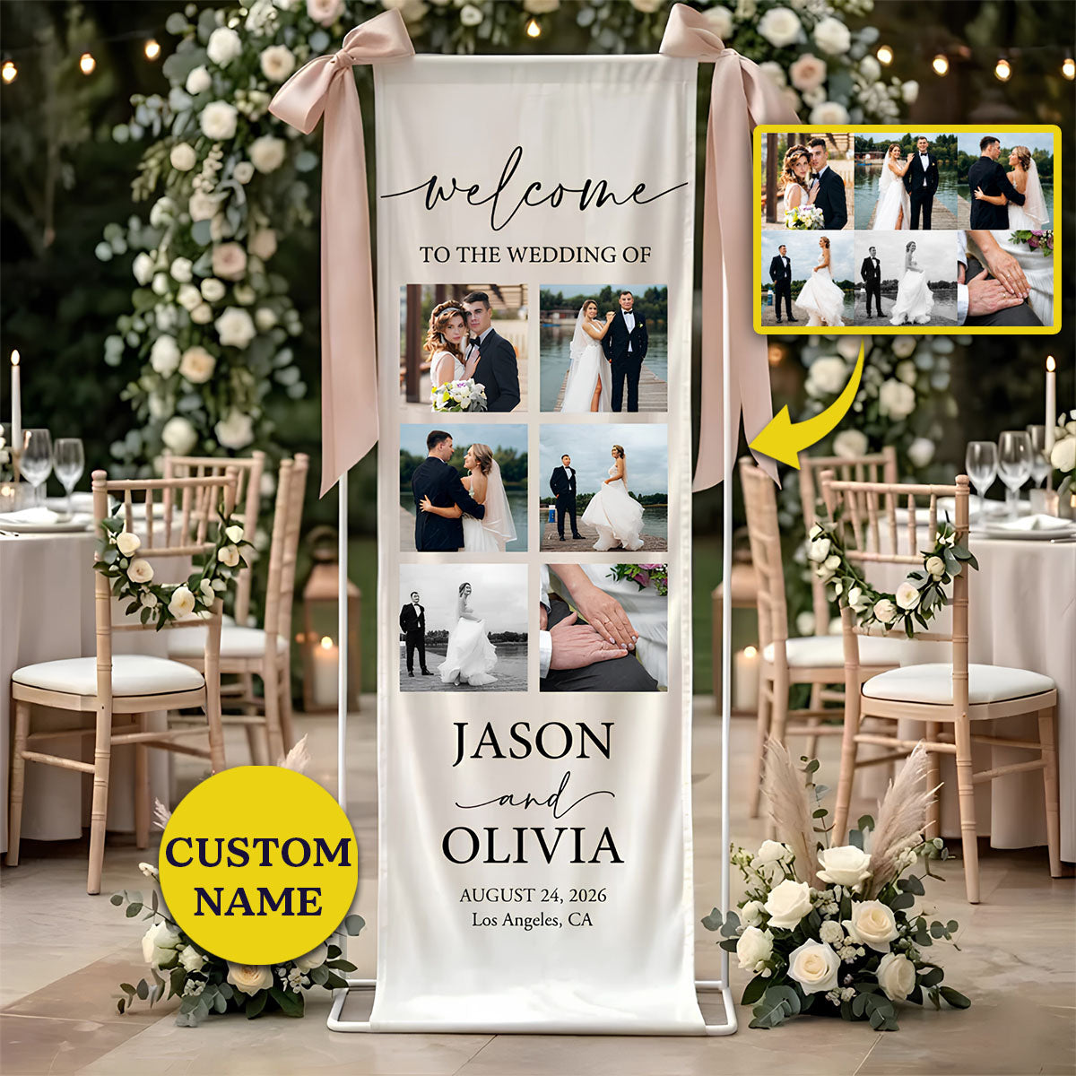 Personalized photo wedding welcome banner custom linen sign featuring names date and location