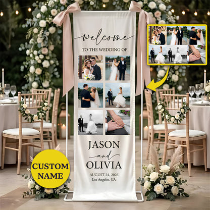 Personalized photo wedding welcome banner custom linen sign featuring names date and location