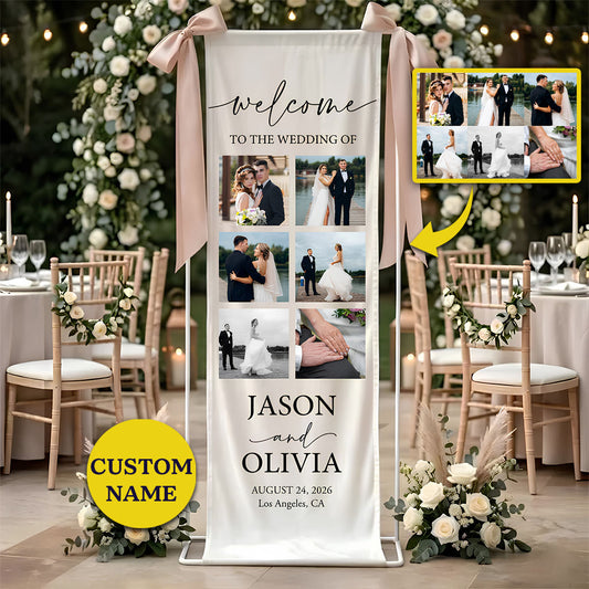 Personalized photo wedding welcome banner custom linen sign featuring names date and location