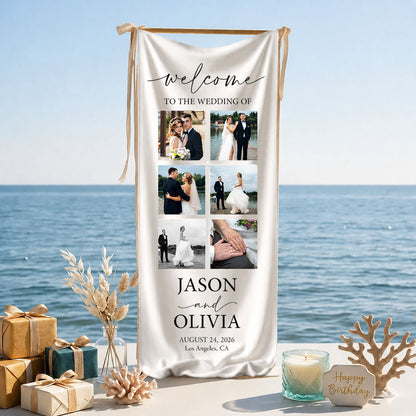 Personalized photo wedding welcome banner custom linen sign featuring names date and location