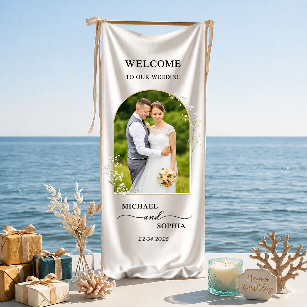 Personalized Linen Wedding Welcome Sign, Custom Photo Banner, Beach Entrance