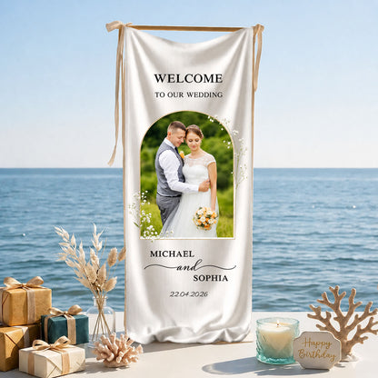 Personalized Linen Wedding Welcome Sign, Custom Photo Banner, Beach Entrance