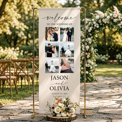 Personalized photo wedding welcome banner custom linen sign featuring names date and location