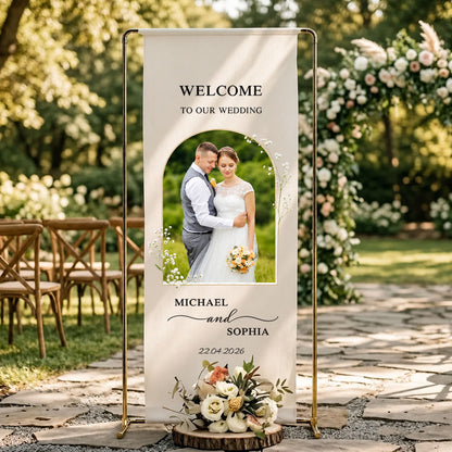 Personalized Linen Wedding Welcome Sign, Custom Photo Banner, Beach Entrance