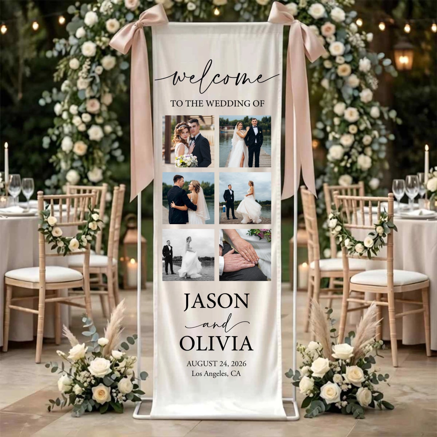 Personalized photo wedding welcome banner custom linen sign featuring names date and location