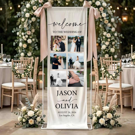 Personalized photo wedding welcome banner custom linen sign featuring names date and location