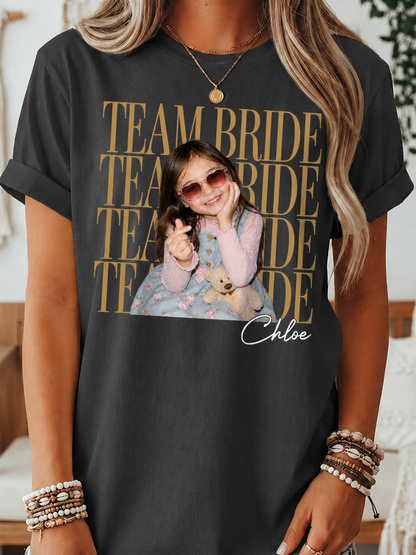 Custom Team Bride Shirt with Personalized Childhood Photo, Bachelorette Party Tee, Bride Squad Gift, Bridal Shower Shirt, Funny Bridesmaid Keepsake