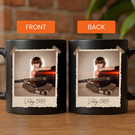Custom vintage Polaroid picture black coffee mug personalized with your uploaded photo