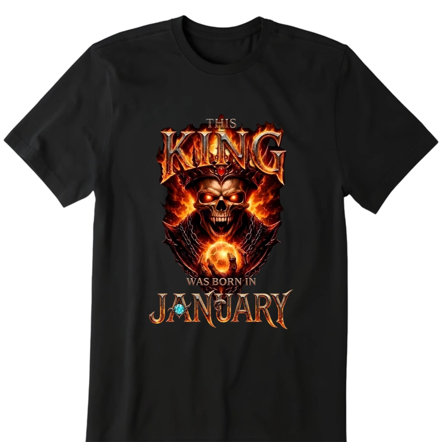 Personalized birth month king skeleton shirt with a flaming royal crown design