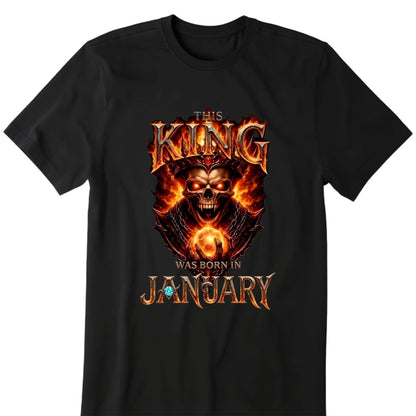 Personalized birth month king skeleton shirt with a flaming royal crown design