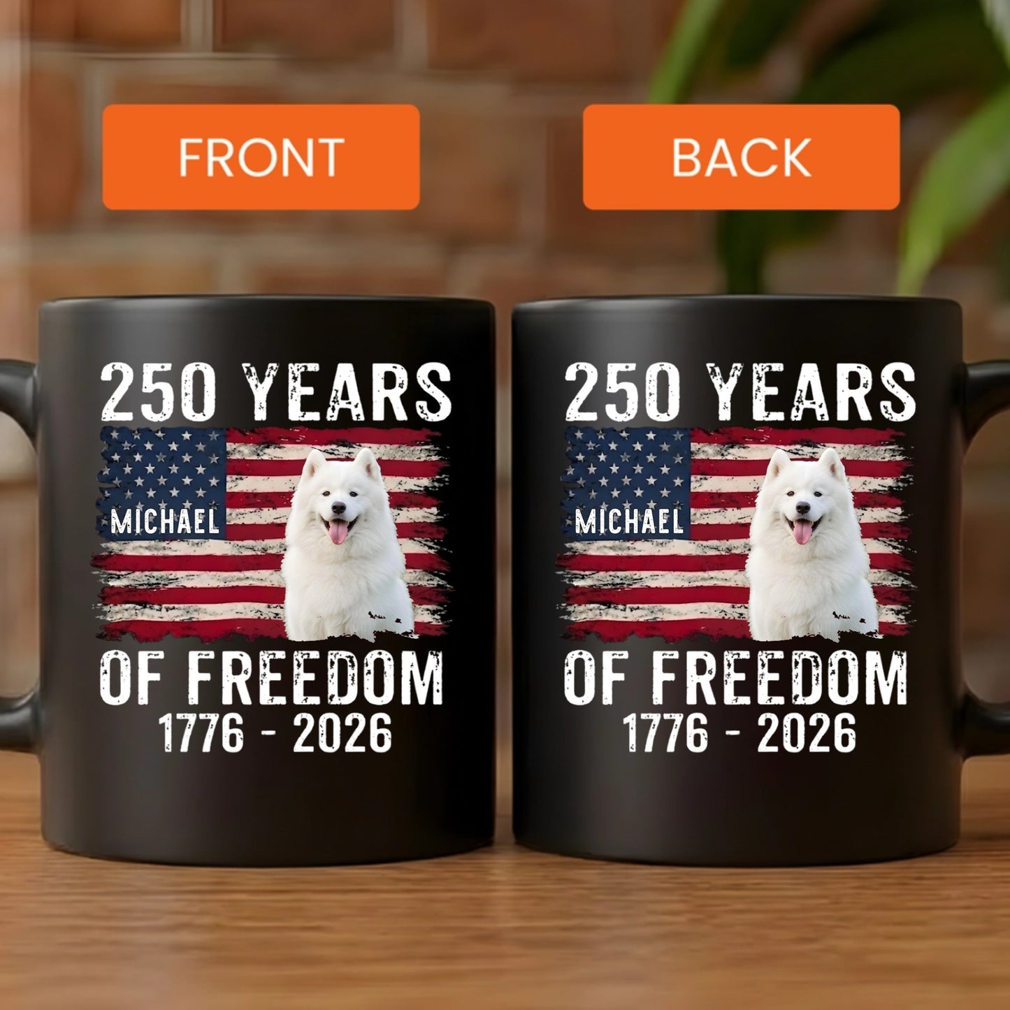 Personalized 250 years of freedom american flag pet photo mug double sided black cup