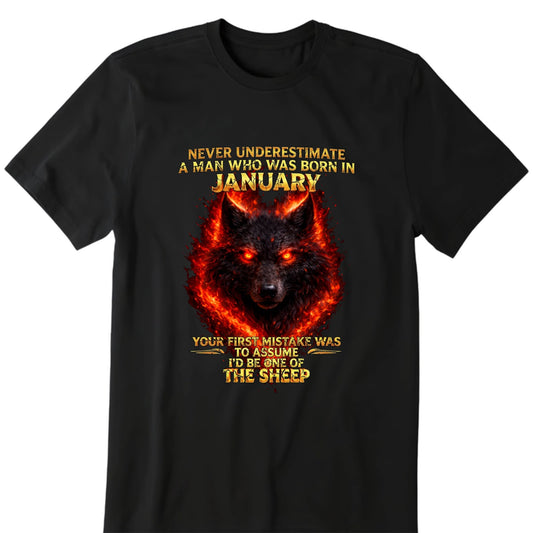 Never underestimate a man custom birth month flaming wolf graphic shirt