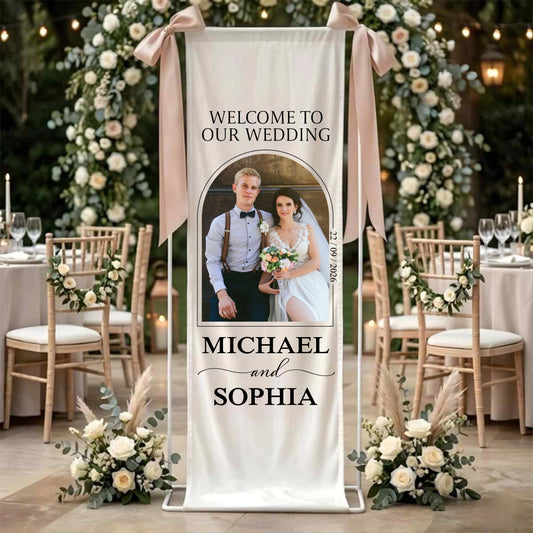 Personalized Wedding Welcome Banner with Custom Photo Names and Date Arch Design Fabric Poster