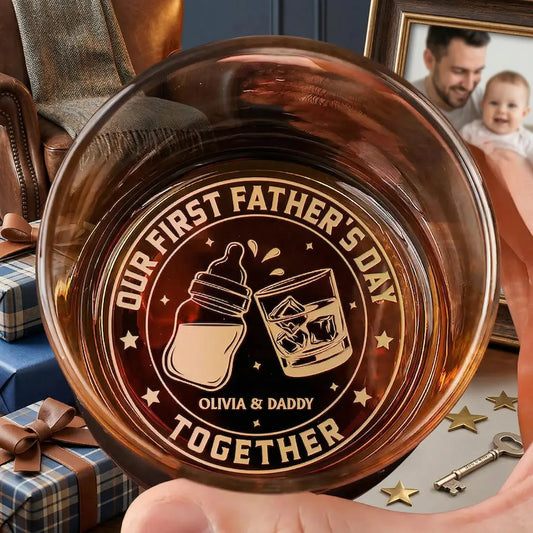 Personalized First Father's Day Together Whiskey Glass, Custom New Dad Gift from Baby, Cheers to Daddy Gift