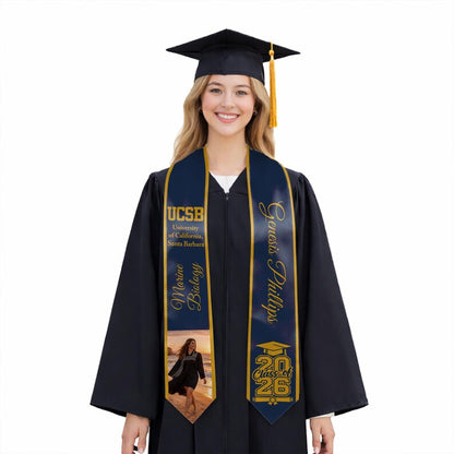 Custom personalized graduation stole with photo school name and major