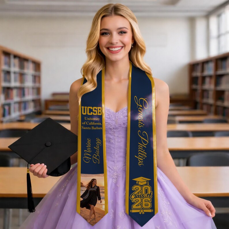 Custom personalized graduation stole with photo school name and major
