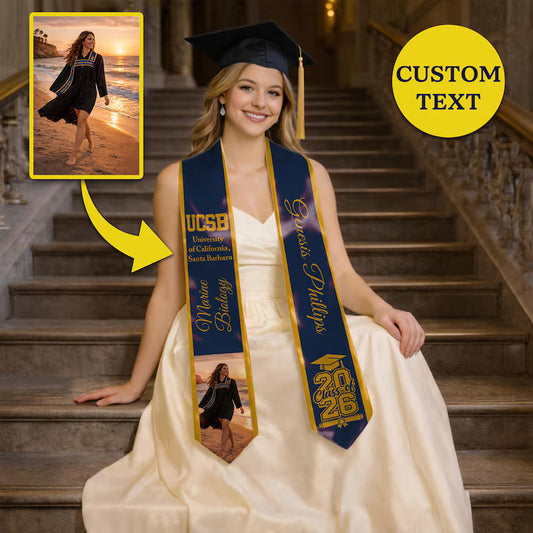 Custom personalized graduation stole with photo school name and major