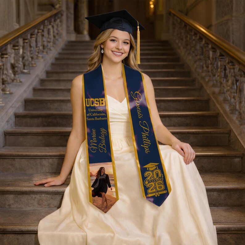 Custom personalized graduation stole with photo school name and major