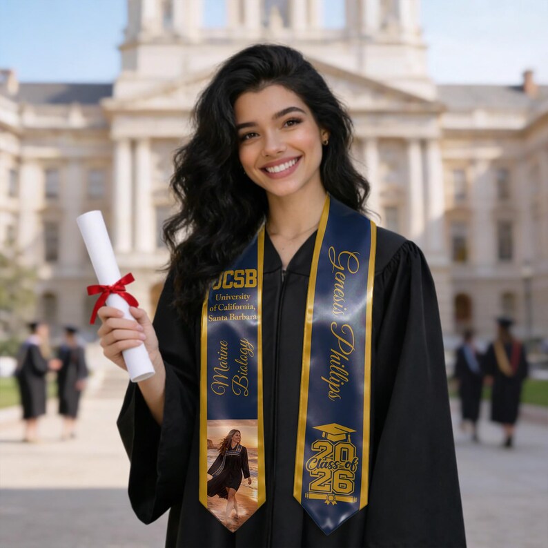 Custom personalized graduation stole with photo school name and major